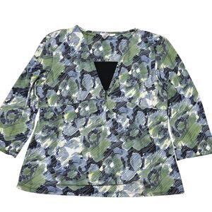 JM Collection Blouse Top Womens XL Blue Green White Floral All Over Print